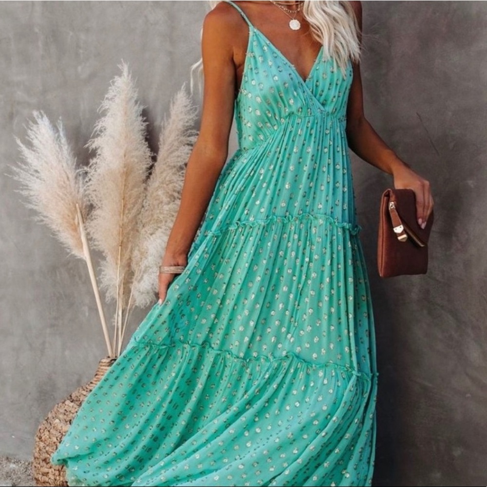 VICI - FATHOMS BELOW ADJUSTABLE METALLIC TIERED MAXI DRESS - SEAFOAM GREEN - NWT